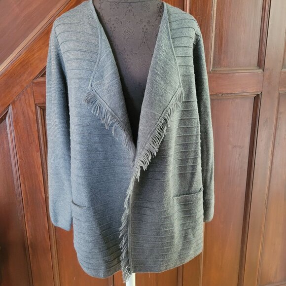 Talbots Womens Open Front Fringe Cardigan Jacket Merino Wool Gray - Picture 1 of 10
